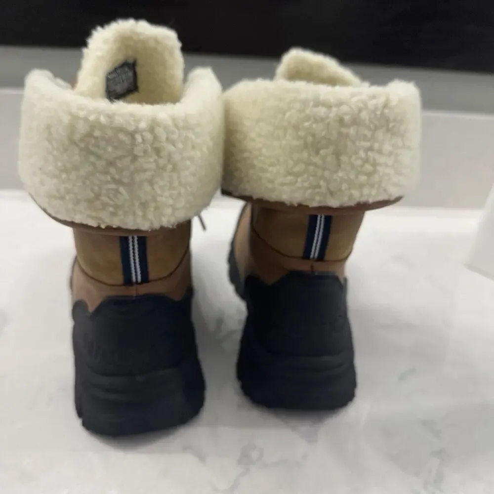 Nautica Winter Boots Faux Shearling Lined Mid Calf Snow Tan Lace Up Youth Size 5